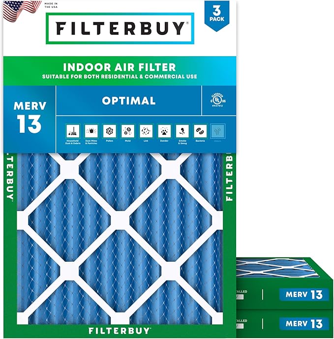 Filterbuy 16x20x2 Air Filter MERV 13 Optimal Smoke & Allergy Defense (3-Pack), Electrostatic Pleated HVAC AC Furnace Filters Replacement, Made in USA (Actual Size: 15.50 x 19.50 x 1.75)