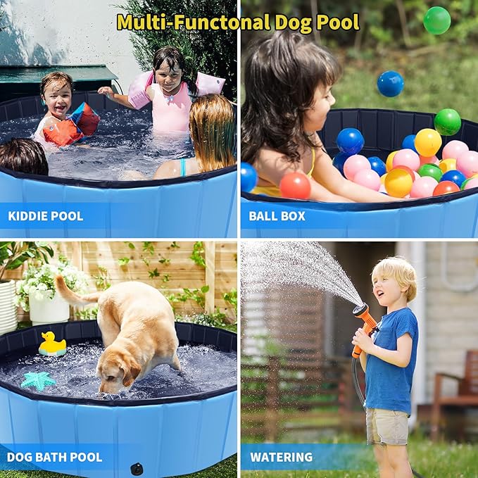 Foldable Dog Pool, 63" x 12" Kiddie Pool with Hard Plastic, Non-Slip Dog Bath Tub for Outdoor Backyard, Collapsible Dog Swimming Pool for Kids Dogs Pets (Blue)
