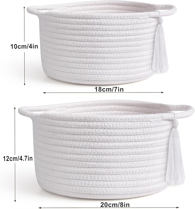 Empty Gift Basket Mini Woven Rope Organizer Baskets for Baby Shower, Vanity, Makeup, Bathroom, Tiny Toys, Desk - Small Decorative Storage Bins - Set of 2, Pre-Shaped, White