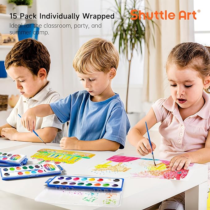 Shuttle Art 16 Colors Watercolor Paint Set Bulk, 15 Pack, Watercolor Paint Set with Paint Brushes for Kids and Adults, Washable Paint for Classroom, Parties, Kindergarten and Art Activities