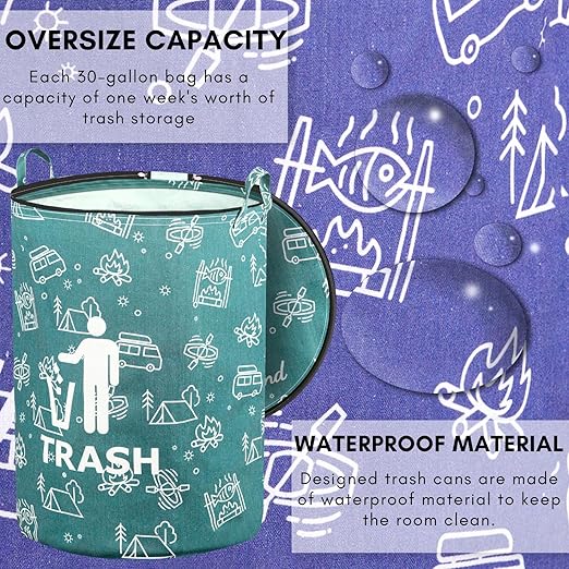 2 Pcs 30 Gallon Collapsible Trash Can Portable Waterproof Reusable with Zippered Lid for RV's, Camping, Recycling, Yard Waste, Leaf Bag, Children Toy Bin (Trash and Recycling)