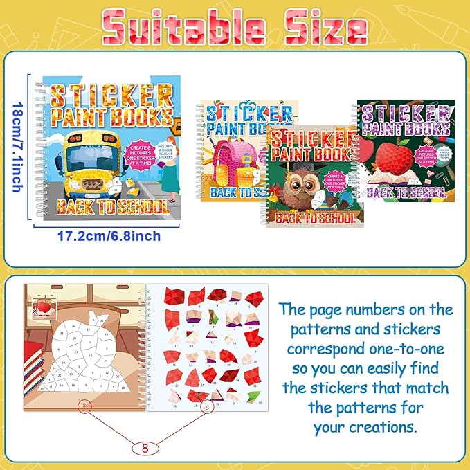 4Pcs Back to School Paint by Sticker Books Sticker by Number Books Activity Book Puzzle Book Craft Art Gift School Bus Apple Owl Alarm 32 Pictures