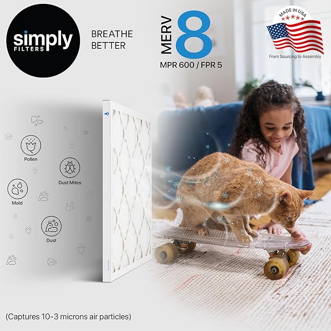 Simply 17x21x1 Air Filter, Merv 8, 6 Pack, For Home AC Furnace & HVAC (Actual Size: 16.75"x20.75"x0.75") DUST, Pet, & Allergy Control
