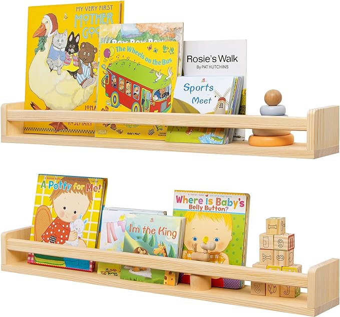 Fun Memories Nursery Book Shelves - Rustic Natural Solid Wood Floating Bookshelf for Kids - Wall Book Shelves for Kids Room (Natural, 32inch - 2P)