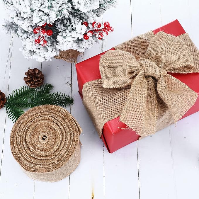 20 Yard 4 Inches Burlap Ribbon Wide Jute Ribbon Natural Burlap Fabric Roll Wired Edge for Wreaths, Christmas Tree Decoration, Big Bow Crafts, Gift Wrapping, Wedding