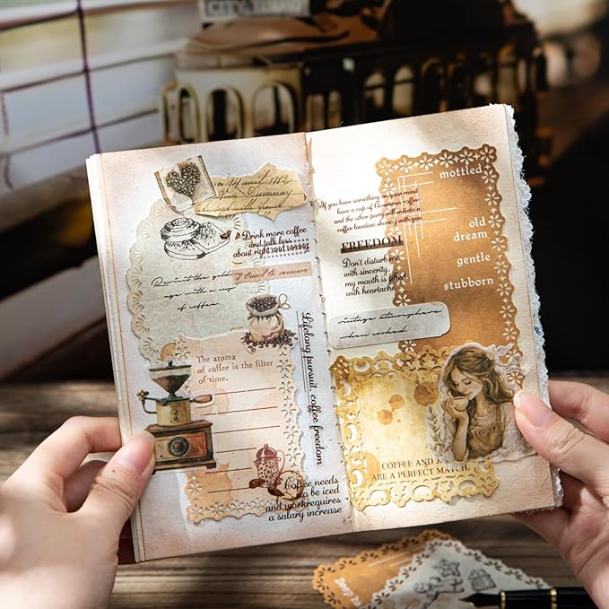 Coffee-Themed Lace Paper Set, 60 PCS Retro Lightweight Journaling Paper for Scrapbooking, DIY Crafts, Card Making, and Planners