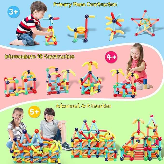 64Pcs Magnetic Building Blocks, Montessori Magnet Toys for Toddlers, STEM Learning Toys for Boys and Girls, Creativity Kids Games, ABS Material, Non-Toxic, Ages 3+, MGB-64