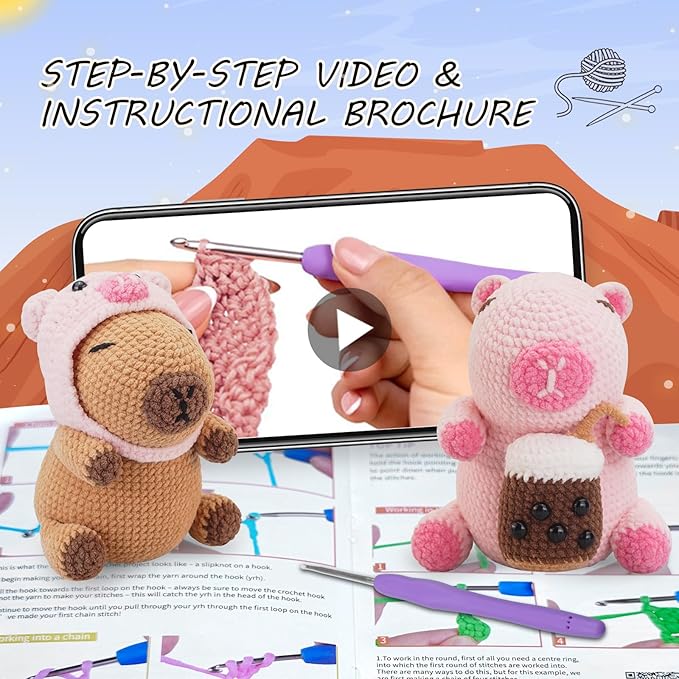 Crochet Kit for Beginners,Beginner Crocheting Animals Kits w Step-by-Step Video Tutorials, Knitting Starter Pack for Adults and Kids,2 Pack Capybara