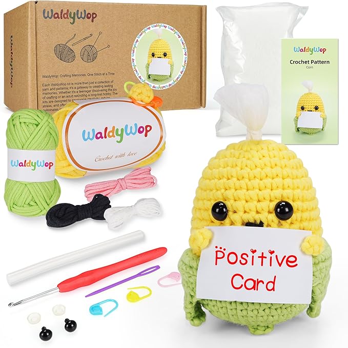 WaldyWop Beginners Crochet Kit for Kids & Adults w/Positive Card - Easy Crochet Starter Kit w/Pre-Started Yarn, Step-by-Step Video Tutorials - Craft Kits, Birthday Gifts for Girls Women, Cute Corn