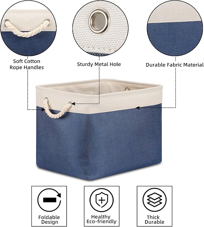 Bidtakay Fabric Storage Baskets with Handles for Organizing 16" x 11.8" x 11.8" Navy Blue Baskets [2-Pack] Shelf Baskets Large Canvas Collapsible Bins for Closet (White&Blue)