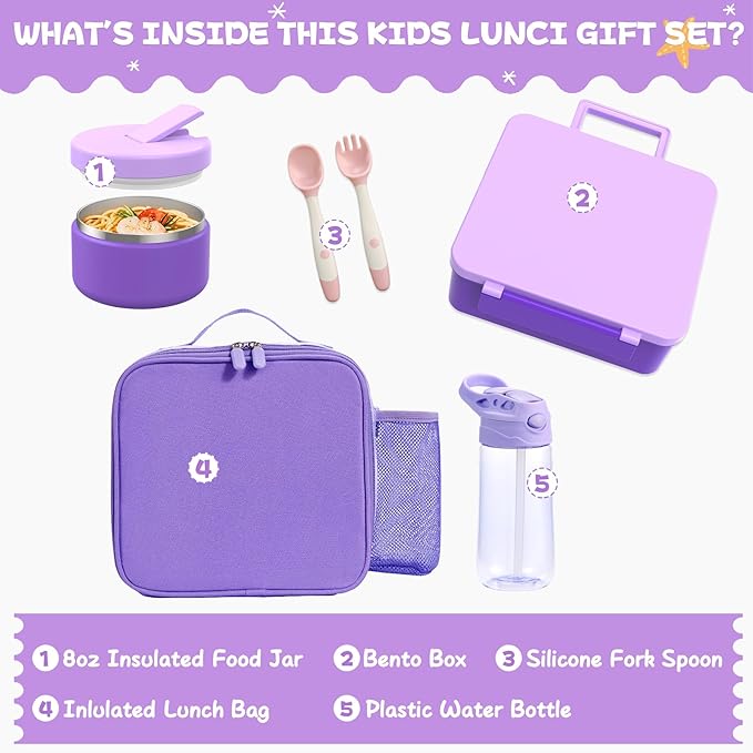 Kids Bento Lunch Box with 8oz Soup Thermo, Water Bottle, Kids Leakproof Lunch Food Containers with 4 Compartment, Insulated Hot Food Jar with Lunch Bag for School, Trvael (Purple)