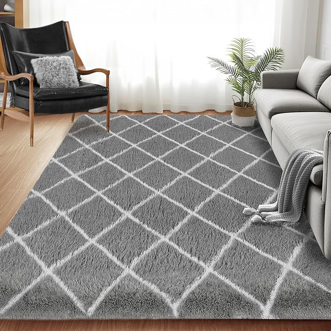 Fluffy Rug for Bedroom, Stripe Checkered Rug Anti-Skid High Pile for Living Room Bedroom Kids Room Nursery, Dorm Home Decor