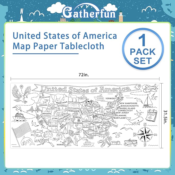 Gatherfun USA Coloring Activity - Large 31.5x 72 Educational Poster - Ideal for School Events & Birthday Parties, Multi-Use as Classroom Wall Décor or Table Cover