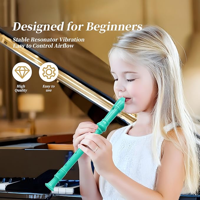 Soprano Recorder for Kids Beginners, German Fingering, C Key, 3 Piece with Cleaning Rod, Bag, Fingering Chart (Green)…