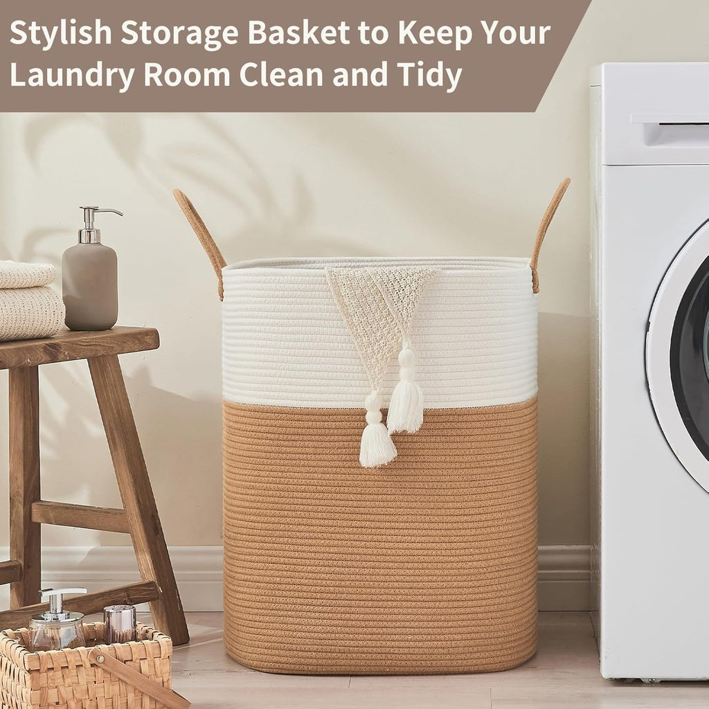Laundry Basket with Handles - Blanket Basket & Hampers for Bedroom Aesthetic, Laundry Hamper & Blanket Storage for Living Room, Clothes Hamper, Tall, Large 17" x 14" x 22”, White & Jute