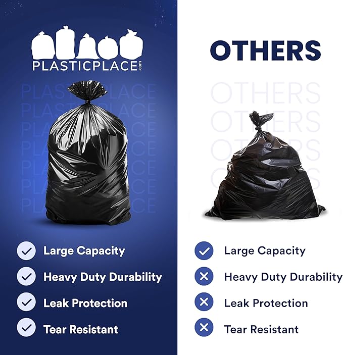 Plasticplace 55-60 Gallon Trash Bags │ 1.5 Mil │ Black Heavy Duty Garbage Can Liners │ 36” x 58” (100 Count)