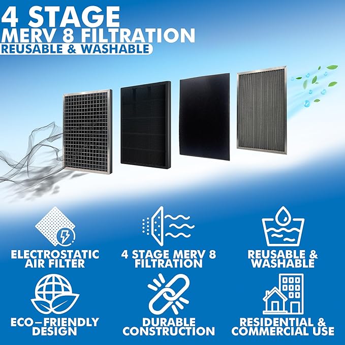 13x19.5x1 Electro-static Air Filter (1-Ct) AC Furnace Filter, Reusable & Washable 4-Stage Electrostatic Filter for Residential and Commerical HVAC (Actual Size:13.00 x 19.50 x 0.75 Inches)