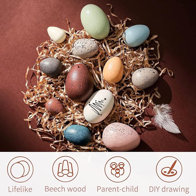 OESSUF Wooden Fake Eggs Easter Eggs Play Eggs for Toddlers Pretend Wood Egg Decor for Play Kitchen Artificial Decorative Eggs for Crafts Toy Food (12PCs)