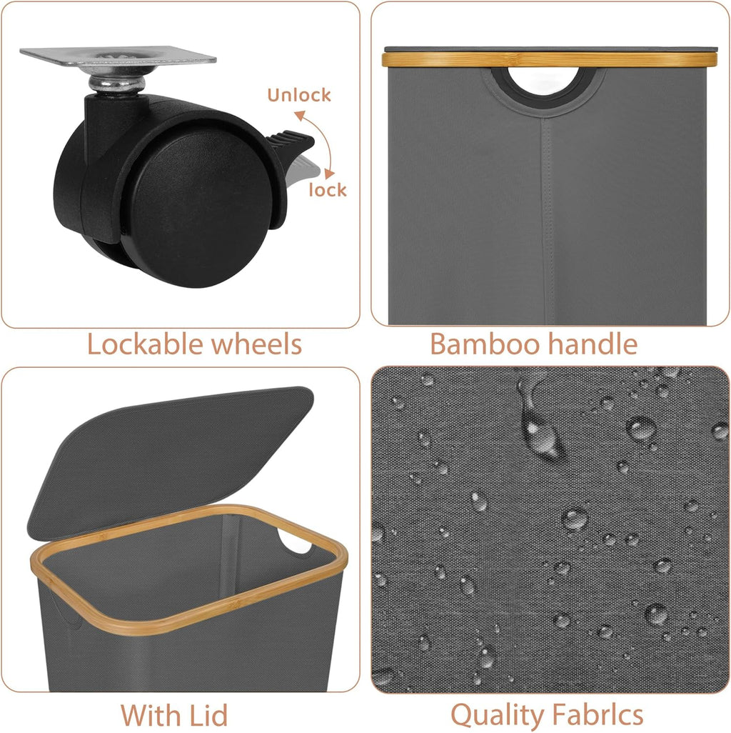 Laundry Basket with Wheels,100L Hampers for Laundry,Large Laundry Hamper with Lid and Bamboo Handles,Collapsible & Waterproof Tall Cloth Hamper for Dormitory Family,Grey