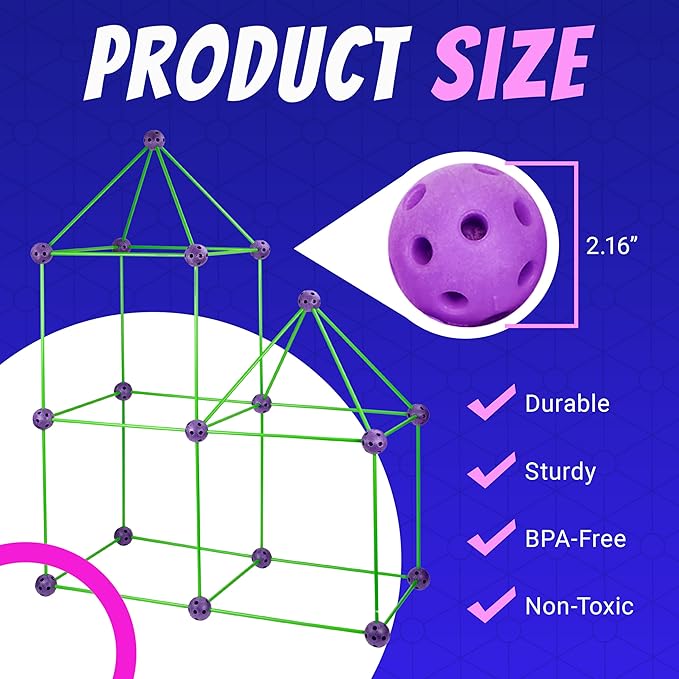Playbees Fort Building Kit with Rods and Connectors- 145 Pieces - Ages 4-8, 8-12 STEM Building Toy, Construction Set for Kids, Indoor Outdoor Play Tent, DIY Castle, Birthday Gift