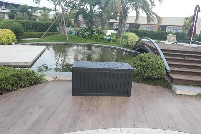 BTEXPERT 75 Gallon Resin Deck Box, Outdoor Storage Container for Patio Furniture Garden Tools Cushions Pool Sports Equipment Waterproof Lockable Stainless Steel insert UV Resistant Set of 2