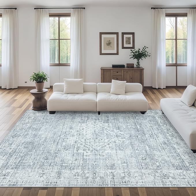 LIVEBOX Washable Area Rug 9x12 Rugs for Living Room Bedroom, Non-Slip Boho Neutral Carpet for Dining Room Office, Low-Pile Farmhouse Soft Carpets for Kids Nursery Room Playroom, Grey