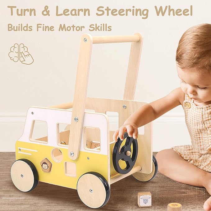 Wooden Baby Push Walker – Montessori Walker & Activity Push Toy with Steering Wheel + Rotating Headlights | Balance Trainer for Toddlers 1‑3 Years