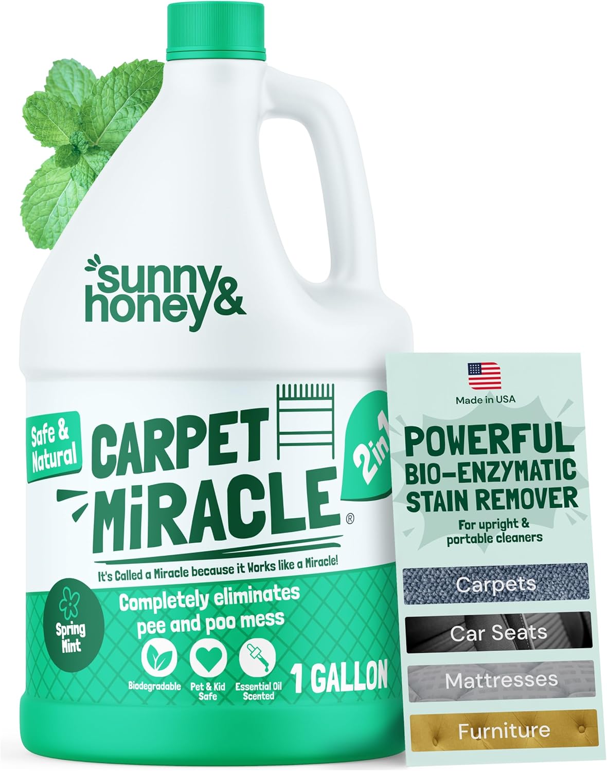 Sunny & Honey Carpet Cleaner Solution - 128 Fl Oz, Spring Mint Scent - Carpet Shampoo & Pet Stain Remover for Upholstery & Rugs, Works With Steam Cleaners