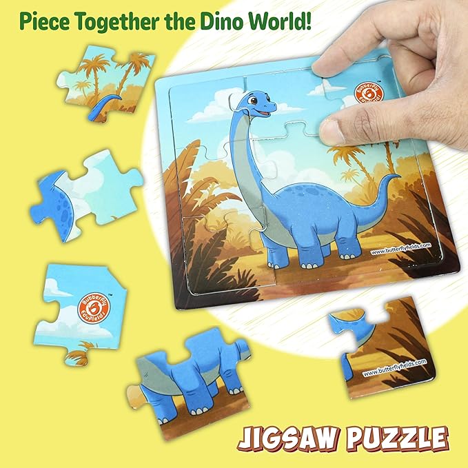 Butterfly EduFields 4-in-1 Dinosaur Jigsaw Puzzle Set for Kids | 38 Pcs Brain Boosting Puzzle Toy for Boys & Girls Age 3 4 5 6 7 | Preschool Learning with Coloring Sheets | Dino Gift for Kids