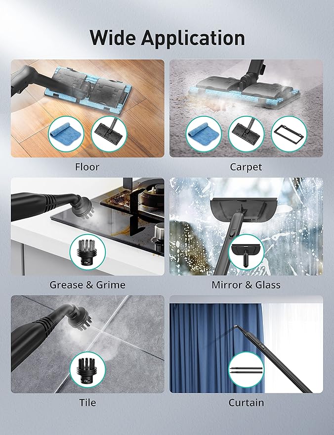 Steam Cleaner, 293°F 58 PSI Powerful Multipurpose Handheld Steam Mop for Home Use, 21 Attachments, 50Oz Capacity, Heavy Duty Steamer for Carpets, Floors, Cars, Tiles, Crack Cleaning, Titanium