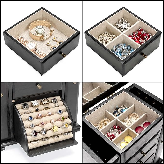 Jewelry Box for Women, Rustic Wooden Jewelry Boxes & Organizers with Mirror, 4 Layer Jewelry Organizer Box Display for Rings Earrings Necklaces Bracelets (Black)