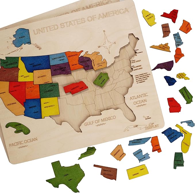 USA Map Wooden Jigsaw Puzzle for Kids | 44 Puzzle Pieces | Learning & Educational Toy Gift for Boys & Girls Ages 3 Years and Above