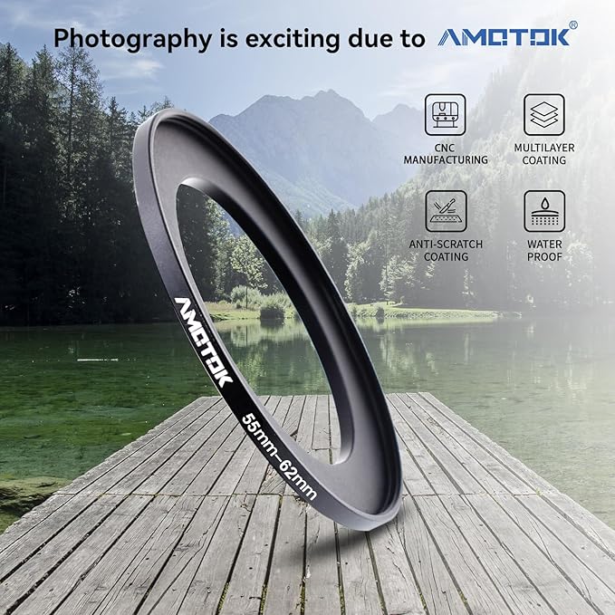 55mm Lens to 62mm Camera Lens Adapter,55mm to 62mm Filter Step-up Ring Adapter Ring,Compatible All 62mm Filter Accessory