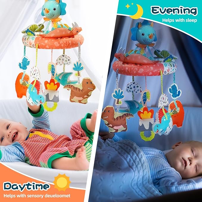 Jollybaby Nursery Baby Automatic Rotating Dinosaur Crib Mobile with Music Box & Arm, Montessori Sensory Musical Hanging Toy for Bassinet, Newborn Clip on Crib Mobile Soother Toy Gift, Polyester