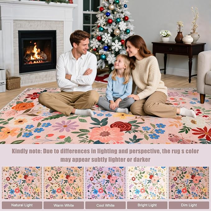 10x12 Area Rugs for Living Room: Floral Washable Rug Vintage Large Soft Boho Non-Slip Carpet Stain Resistant Low Pile Carpets for Bedroom Dining Room Farmhouse Nursery Hallway Home Office Beige