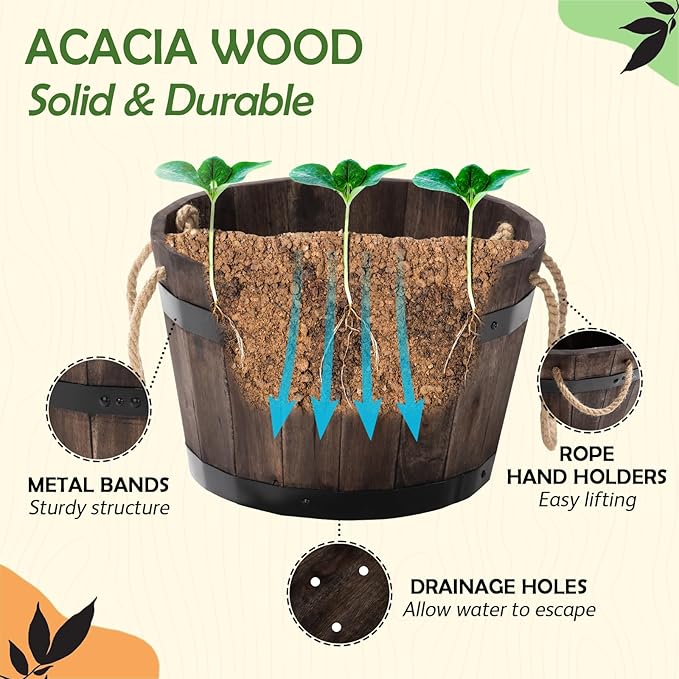 IDZO Set of 3 Wooden Flower Boxes Outdoor, Durable Acacia Wood Barrel Planters for Outdoor Plants with Ergonomic Handles, Drainage Holes, Multiple Sizes Wood Bucket Planter for Home Décor