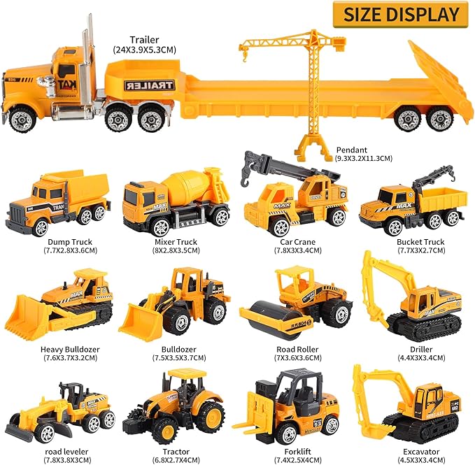 Oriate 28pcs Construction Toys for Kids, 12pcs Mini Diecast Construction Vehicles Toy with Flatbed Transport Trailer, Educational Digger Excavator Bulldozer Forklift Trucks Cake Topper Stickers