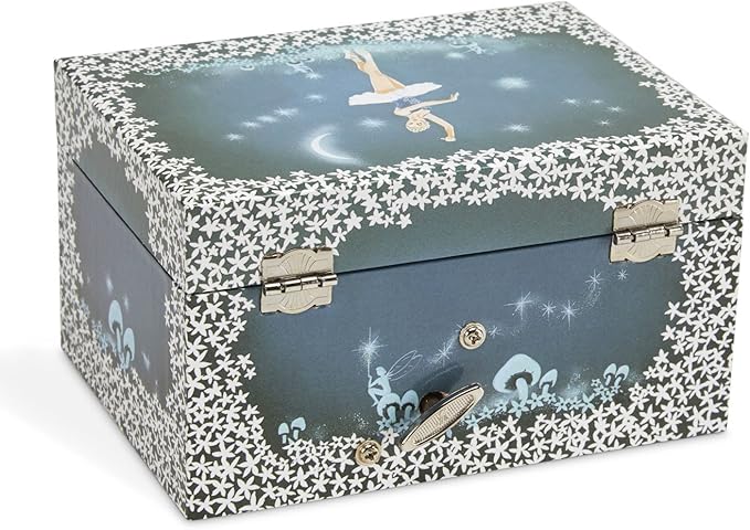 Jewelkeeper Girl's Musical Jewelry Storage Box with Twirling Fairy Blue and White Star Design, Swan Lake Tune