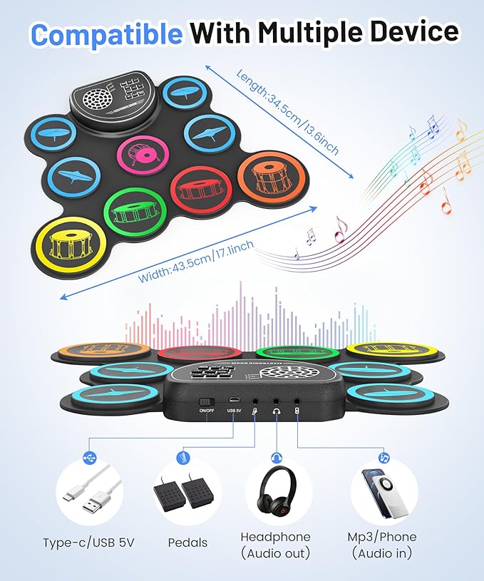 Electronic Drum Set, 9-Drum Practice Pad with Headphone Jack, Roll-up Drum Kit Machine with Built-in Speaker Drum Pedals and Sticks 10 Hours Playtime, Great Christmas for Kids