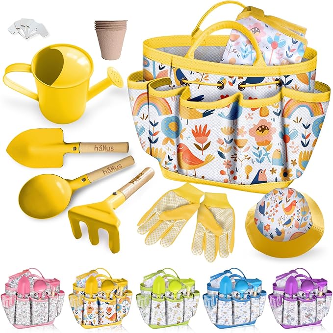 Kids Gardening Tool Set 18PCS Kids Toddler Gardening Set Includes Tote Bag Watering Can Apron Hat Rake Shovel Spoon Gloves Plant Pots and Labels, Outdoor Toys Gift for Boys Girls (Yellow)