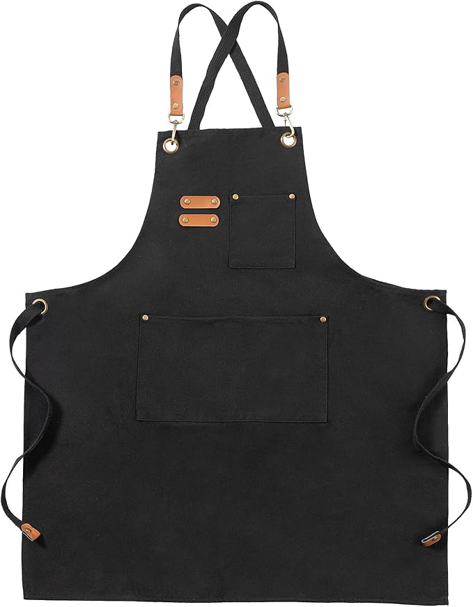 Canvas Aprons, Kitchen Chef Aprons, Work Aprons for Men Women, Adjustable Strap Aprons with 3 Pockets