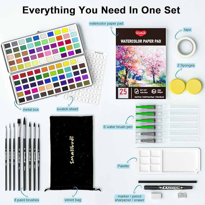 Watercolor Paint Set 100 Colors Including Metallic, Watercolor Kit with Case, Watercolor Paper, Paint Brushes, Palette and Accessories, Water Color Art Supplies Gift for Adults Kids Artists
