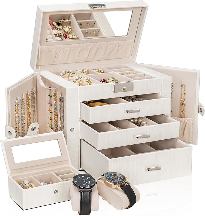 AKOZLIN 4-Tier Jewelry Box Lockable Leather Jewelry Storage Case Organizer with 3 Drawers for Women Girls Ring Necklace Earring Bracelet Watches Holder with Mirror