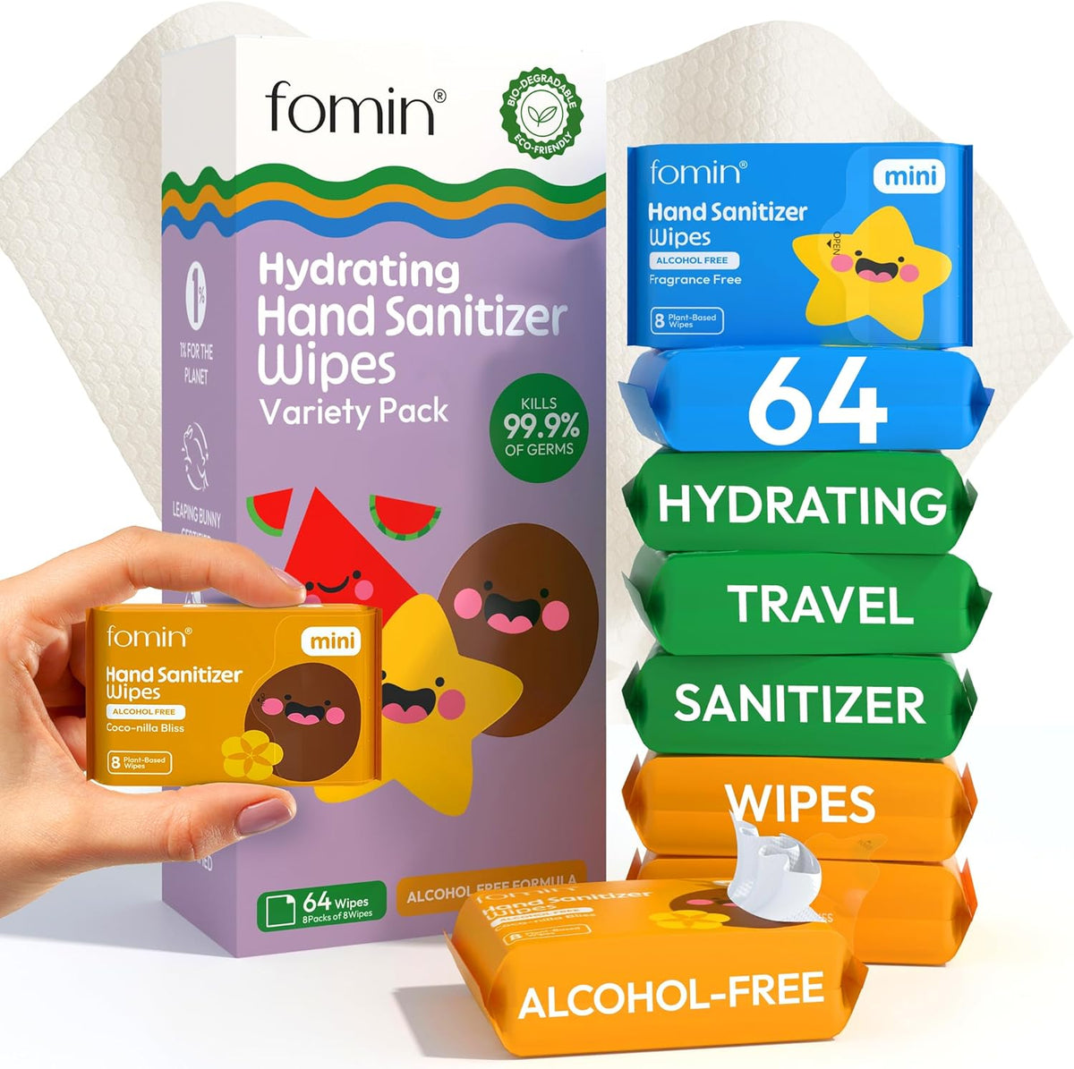 Fomin Mini Hand Sanitizer Wipes 8 Pack (8 Count) - Variety Pack Mini Wet Wipe - pH Balanced, Biodegradable, Antibacterial On The Go Hand Sanitizing Wipes - Hypoallergenic, Plant-Based Travel Wipe