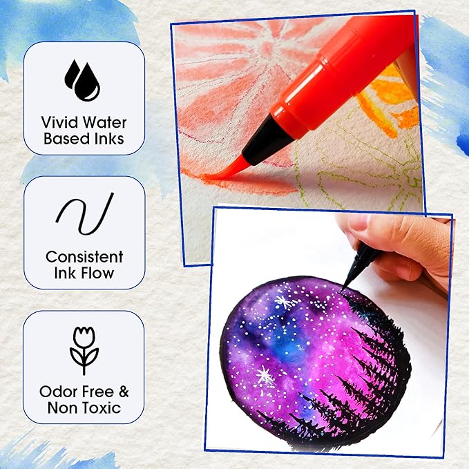 Chalkola Watercolor Brush Pens for Lettering, Coloring, Calligraphy - Set of 28 Watercolor Pens, 15 Painting Pad & 2 Water Color Markers - Drawing Art Supplies for Kids, Adults, Professional Artist
