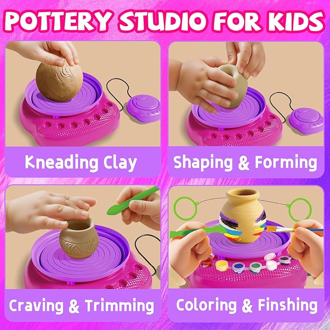 Vinkp Pottery Wheel for Kids - Complete Pottery Painting Kit Arts and Crafts for Kids Ages 8-12 with Air Clay Art Supplies for Girls Boys Toys Birthday Christmas Gifts for 6 7 8 9 10 11 12 - Pink
