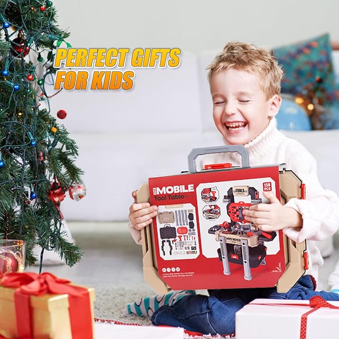 Kids Tool Bench with 138 Realistic Tools, Electric Drill, Stickers - Pretend Play Learning Gift for Boys & Girls Age 3-5