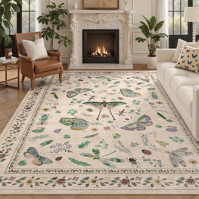 8x10 Area Rugs with Insect Print - Bug Rug Non-Shedding Stain Resistant Soft Carpet for Bedroom, Low Pile Ultra-Thin Machine Washable Carpet for Dining Room, Kids Nursery, Office (8'x10' Beige)