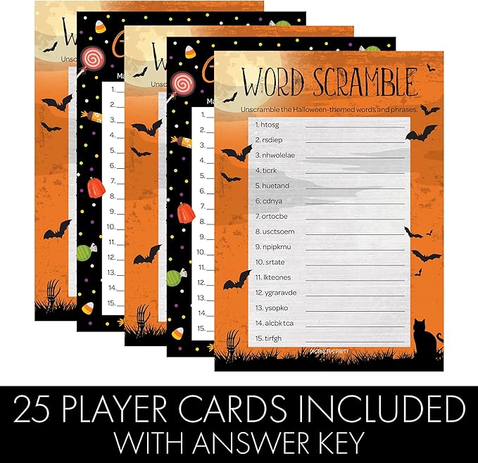 DISTINCTIVS Halloween Party Games – Word Scramble and Candy Match 2 Game Bundle, 25 Dual-Sided Cards for Kids, Adults, Classrooms, and Fall Events