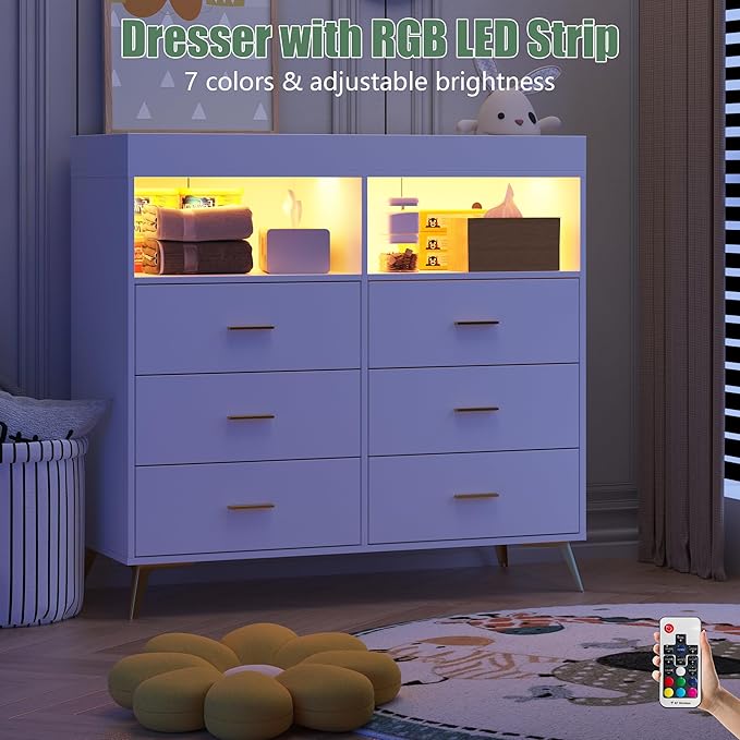 GarveeHome Dresser for Bedroom with 6 Drawers, Baby Changing Table Dresser with Changing Pad, LED Lights & Charging Station, Baby Changing Station with Changing Table Top, White